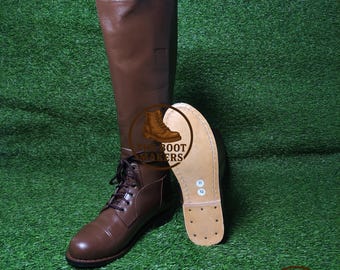 Handmade Brown Leather Tall Boot With Leather Sole Pull On Style With Laces. Long Boots