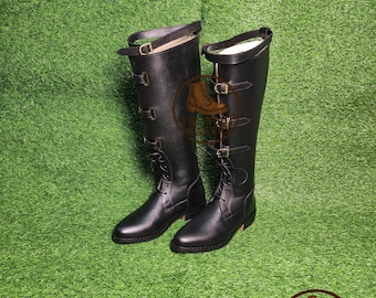 Handmade Black Leather Boot Pointed Toe With 4 buckle Leather Sole Tall Boots