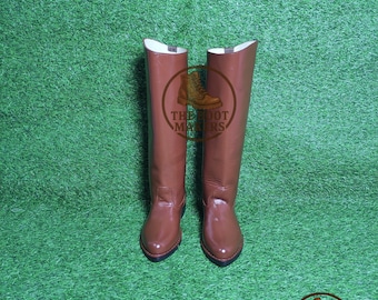 Handmade Brown Leather Tall Boot Pointed Toe With Leather Sole Pull On Style