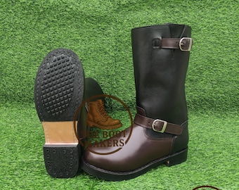 Handgefertigte Leder Engineer Style Boot für Männer Schwarz Mit Braun | Schnallenriemen Leder Boots