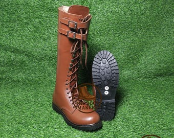 Handgefertigte Große Braun Leder Schnürstiefel für Männer | Doppelschnalle mit hohem Schaft Stiefel | Haltbare Gummisohle