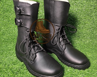 Handgefertigte Schwarze Lederstiefel mit Doppelschnalle | Robuste Gummisohle