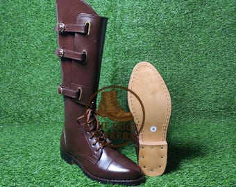 Handmade Riding Leather Tall Boot Pointed Toe With Leather Sole 3 Buckles Closure