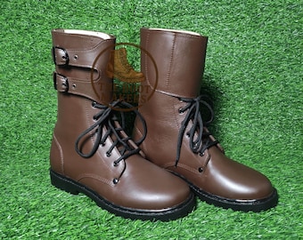 Handmade Combat-Style Double Buckle Brown Leather Boots | Durable Rubber Sole
