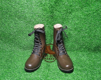 Handmade Combat-Style Double Front Laces Brown Leather Boots | Durable Rubber Sole