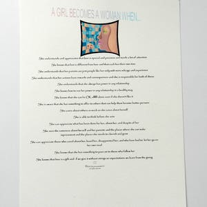 las niñas se convierten en mujeres, un momento maravilloso y desafiante de la vida.  Nuestro cartel "Una chica se convierte en mujer cuando..." comparte lecciones y perspectivas