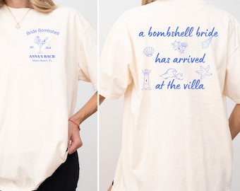 Bombshell Bride vrijgezellenshirt, Villa Bach Party-T-shirt, gepersonaliseerd shirt met comfortkleuren, Island Girls Trip, shirt aangepaste naam bruid