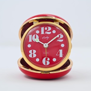 Red Bradley Travel Alarm Clock with Box, 1970s Japan Folding Wind Up