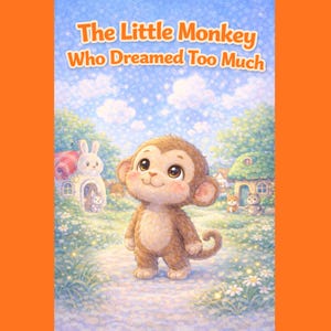 May include: A children's book cover with a cartoon monkey as the central figure. The title reads "The Little Monkey Who Dreamed Too Much". The background shows a blue sky, trees, and small houses, creating a whimsical scene.