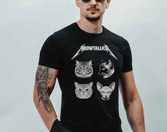 Meowtallica Katzen Gesichter T-Shirt | Lustig Metall Katzen T-shirt | Rock Band Parodie T-Shirt | Katzenliebhaber Geschenk | Vintage Metall Katzen Grafik Shirt