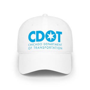 May include: White baseball cap featuring the text "CDOT" in bright blue, with a star graphic within the "O". Below the logo is the text "CHICAGO DEPARTMENT OF TRANSPORTATION". The cap has a curved brim and a structured crown.