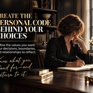 May include: A black shirt worn by a person writing in a notebook at a desk. Text reads: CREATE THE PERSONAL CODE BEHIND YOUR CHOICES. Define the values you want your decisions, boundaries, and relationships to reflect. Know what you stand for&mdash;and return to it.