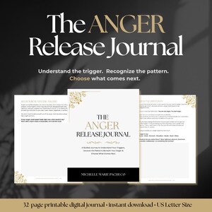 May include: A 32-page printable digital journal titled The Anger Release Journal by Michelle Marie Pacheco. The cover and interior pages feature white backgrounds with black text, gold floral accents, and US Letter Size dimensions.