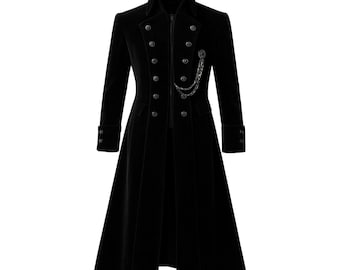 Casaco gótico de veludo preto feito à mão – Trench coat vitoriano de vampiro, gola alta.
