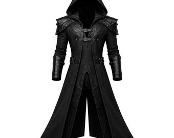 Casaco comprido masculino gótico com capuz – Roupa exterior medieval de fantasia para cosplay e estilo vitoriano.