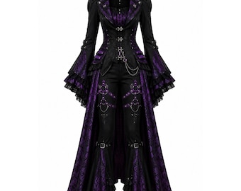 Women's Gothic Victorian Tailcoat Pants Set – Black Purple Steampunk Outfit