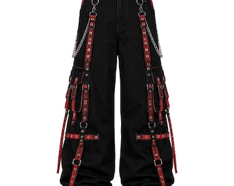 Black Red Gothic Cargo Pants | Wide Leg Punk Streetwear Trousers