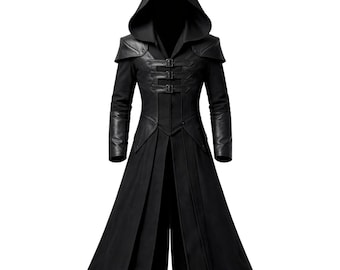 Casaco comprido masculino gótico com capuz | Trench coat medieval com detalhes em couro sintético