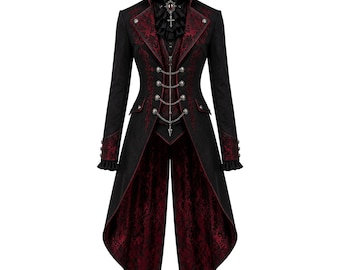 Black Red Brocade Gothic Tail Coat | Victorian Vampire Steampunk Jacket