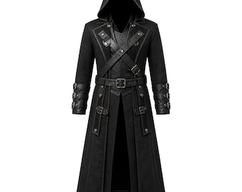 Men's Black Hooded Long Coat – Medieval Gothic Fantasy Trench Jacket – Cosplay Outfit Baggy Style
