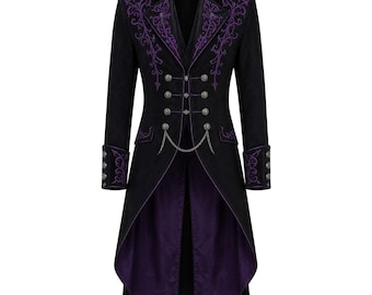 Men's Black Purple Embroidered Victorian Gothic Tail Coat Alternative Fashion Jacket