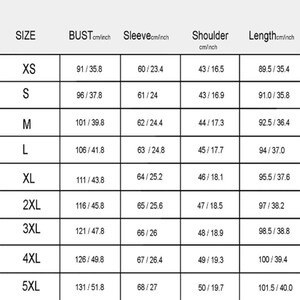 May include: A size chart for clothing, with measurements in centimeters and inches. The chart includes sizes XS to 5XL, with bust, sleeve, shoulder, and length measurements. The text is in black on a white background.
