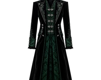 Men's Black Velvet Victorian Long Coat – Emerald Brocade Aristocrat Jacket