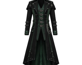 Men's Black Green Gothic Long Coat – Victorian Steampunk Trench Jacket