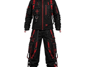 Black Red Gothic Techwear Suit | Cyberpunk Streetwear Jacket Cargo Pants Set
