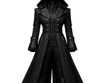 Casaco comprido masculino preto gótico vitoriano com capuz – Sobretudo alfaiatado estilo Dark Academia