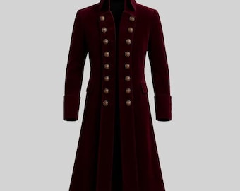 Casaco gótico steampunk de veludo bordô feito à mão: sobretudo renascentista vitoriano