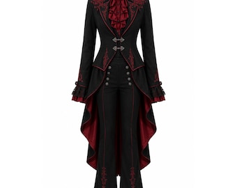 Women's Black Red Victorian Gothic Tailcoat Suit – Alternative Steampunk Fashion Set