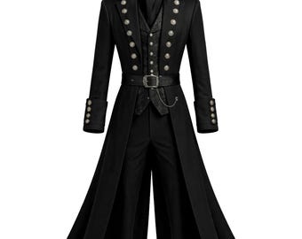 Casaco preto masculino estilo Regência, jaqueta gótica vitoriana de salteador de estradas.