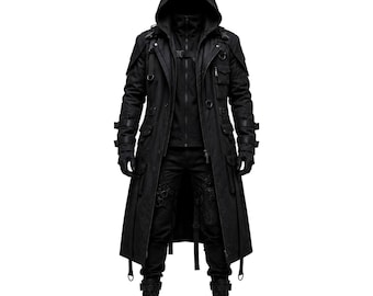 Gothic Techwear Hooded Coat, Black Cyberpunk Tactical Trench Jacket, Darkwear Utility Cloak