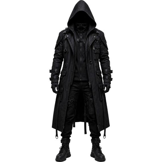Gothic Techwear Hooded Coat, Black Cyberpunk Tactical Trench
