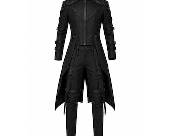 Men's Black Gothic Techwear Suit, Cyberpunk Long Coat, Tactical Outfit, Alternative Fashion