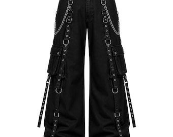 Gothic Cargo Pants: Black Wide Leg, Chain Strap Punk Streetwear Trousers