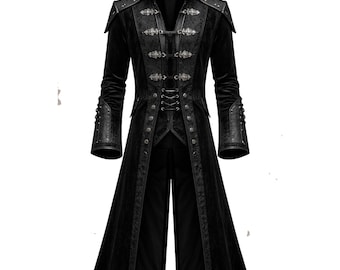 Casaco comprido gótico de veludo feito à mão – Jaqueta masculina vitoriana steampunk