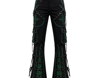 Black Green Gothic Cargo Pants – Cyberpunk Techwear Trousers, Alternative Streetwear