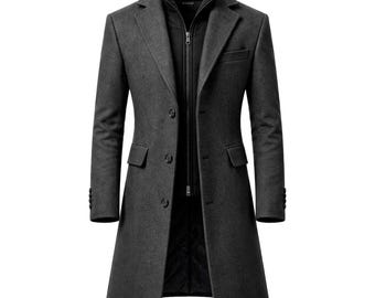Men's Grey Wool Blend Overcoat | Slim Fit Tailored Winter Trench Jacket