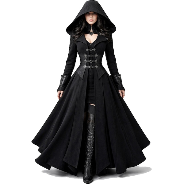 Gothic Victorian Black Wool Blend Maxi Coat – Hooded Medieval Fantasy Cloak