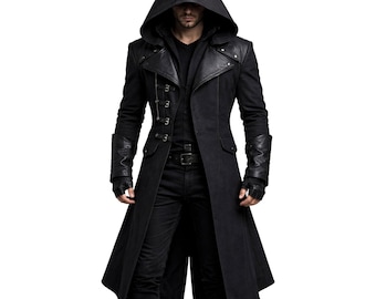 Casaco comprido preto com capuz estilo gótico masculino – Jaqueta medieval para cosplay de fantasia