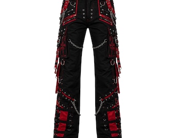 Gothic Cargo Pants | Black Red Punk Streetwear Trousers, Chain Detail