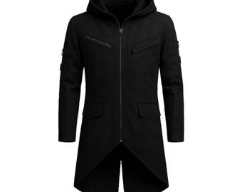 Casaco longo cyberpunk de algodão preto feito à mão: Gothic Techwear
