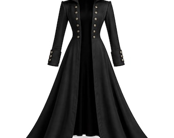 Casaco longo gótico preto, jaqueta de inverno estilo vitoriano, silhueta de moda alternativa