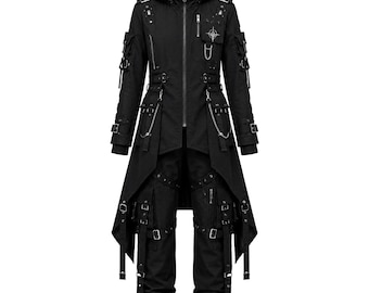 Black Gothic Techwear Set – Hooded Trench Coat, Cargo Pants, Cyberpunk Streetwear Outfit