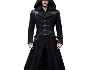 Casaco masculino gótico com capuz em mistura de lã – estilo guerreiro medieval, feito à mão.