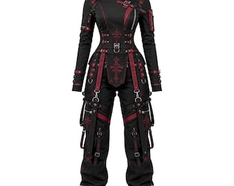 Women's Gothic Techwear Suit | Black Red Cyberpunk Cargo Outfit Set
