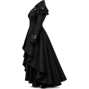 May include: Black gothic-style coat with a high collar, decorative buttons, and lace accents on the shoulders and cuffs. The coat features a long, flowing skirt with a layered design. The overall design is reminiscent of Victorian era fashion.