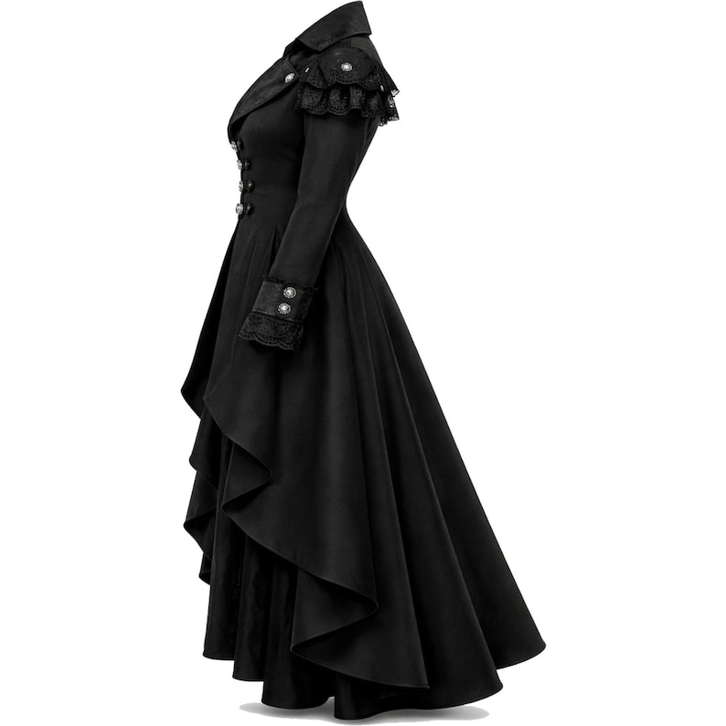 May include: Black gothic-style coat with a high collar, decorative buttons, and lace accents on the shoulders and cuffs. The coat features a long, flowing skirt with a layered design. The overall design is reminiscent of Victorian era fashion.
